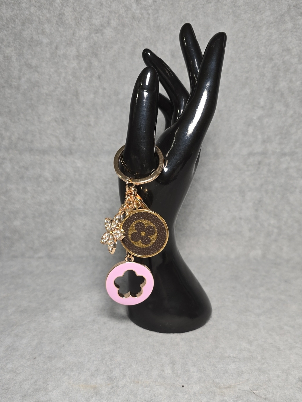 Handmade Gold-tone Flower & Pink Clover Bag  Charm Keychain